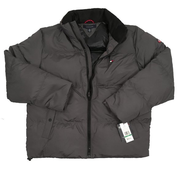 NEW Tommy Hilfiger Down Puffer Jacket!  Gray With Signature Tommy Flag on Chest - Picture 1 of 2